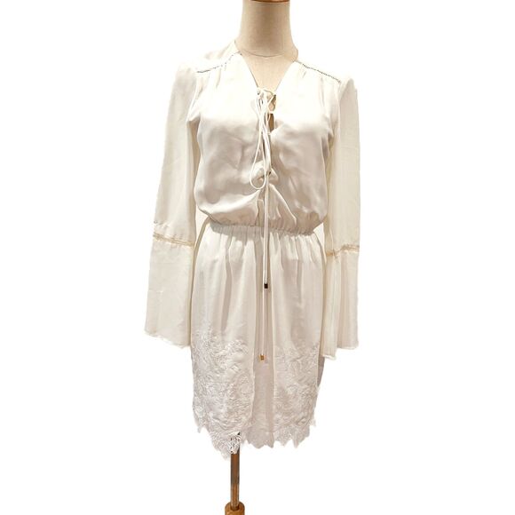 WAYF White Mini Dress Long Sleeves Lace Hem Lace Up Trumpet Sleeve Small - Picture 1 of 8